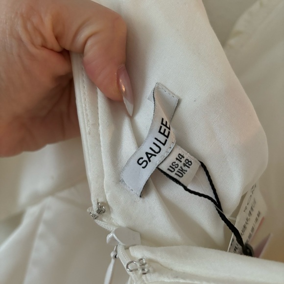 NWT Sau Lee Blair Plunge Neck Off The Shoulder White Mini Dress Size 14 Bridal - Picture 6 of 7